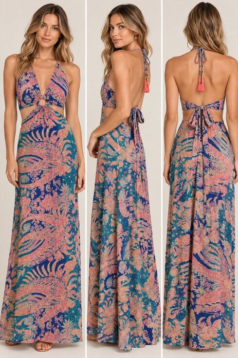 Silk Italy Dresses & Skirts - Silk Italy Paisley Maxi Dress Size Small Halter Cutout Open Back Boho Resort